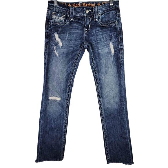 Rock Revival Jeans Womens Size 26 Straight Leg Medium Wash Embellished Raw Hem - Picture 2 of 11